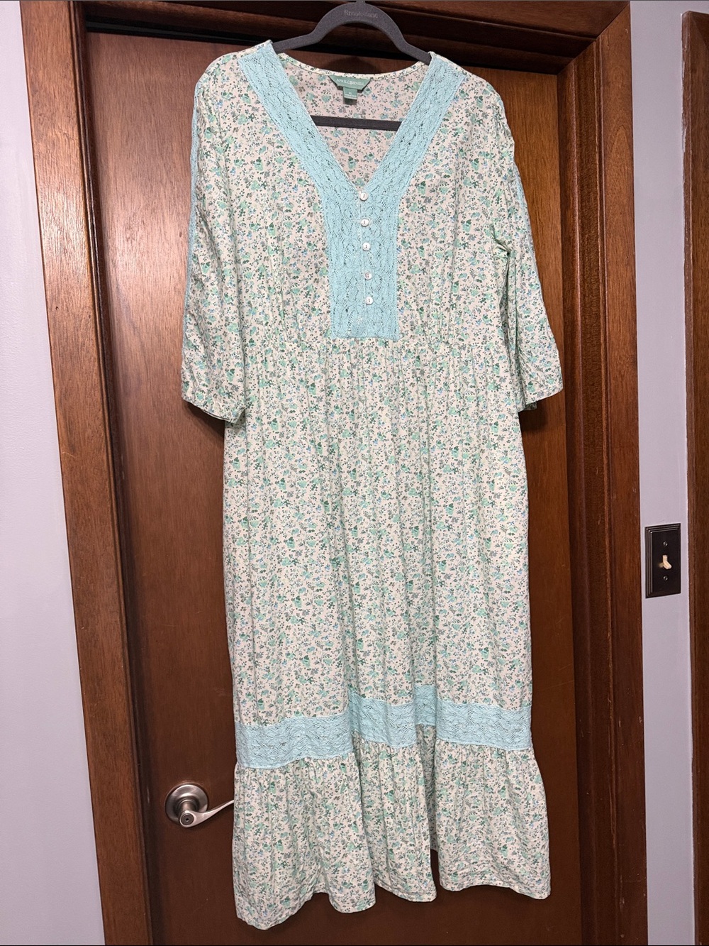 April Cornell Cream Dress with Light Blue Lace Trim